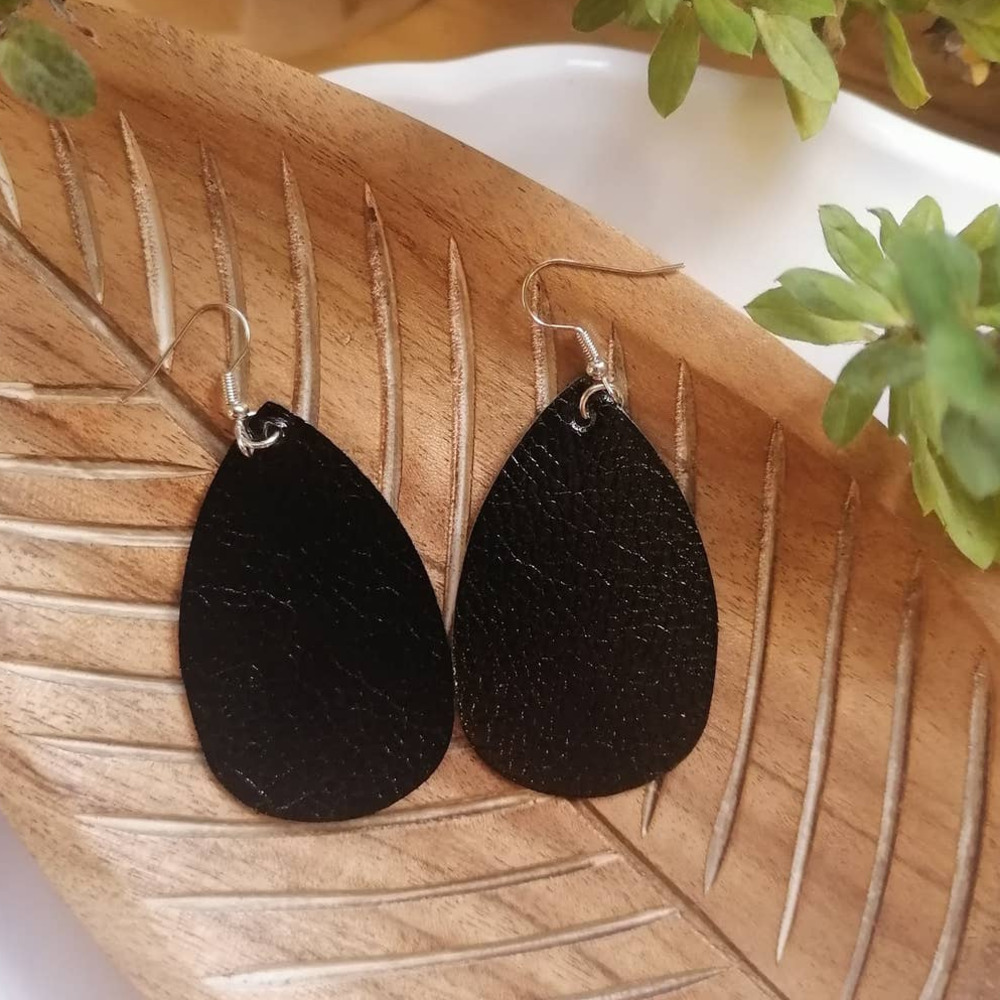 Faux Leather Black Simple Dangle Teardrop Earrings